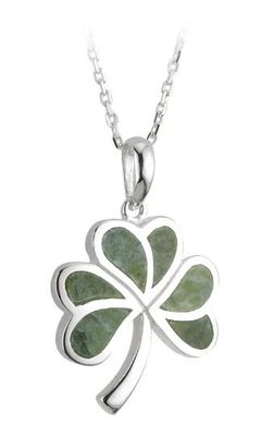 Sterling Silver Connemara Marble Shamrock Pendant on a 18&quot; Sterling Silver Chain