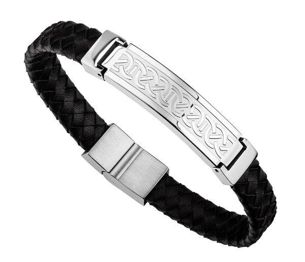 Men&#39;s Stainless Steel Black Leather Celtic Bracelet