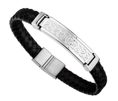 Men&#39;s Stainless Steel Black Leather Celtic Bracelet