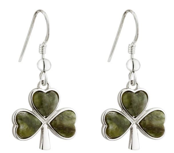 Rhodium Connemara Marble Shamrock Earrings