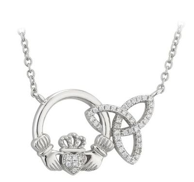 Sterling Silver Interlocking Claddagh Trinity Knot Necklace on a 17&quot; Sterling Silver Chain
