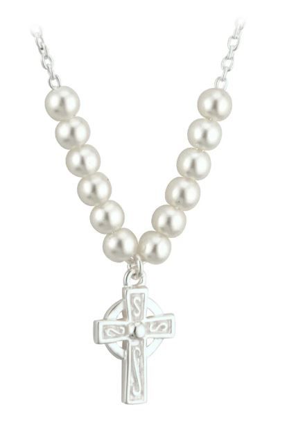 Children&#39;s Rhodium Plated Pearl Cross Necklace on a 16&quot; Rhodium Plated Chain