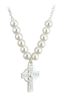 Children&#39;s Rhodium Plated Pearl Cross Necklace on a 16&quot; Rhodium Plated Chain