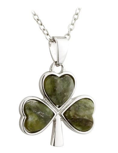 Rhodium Plated Connemara Marble Shamrock Pendant on a 18&quot; Rhodium Plated Chain