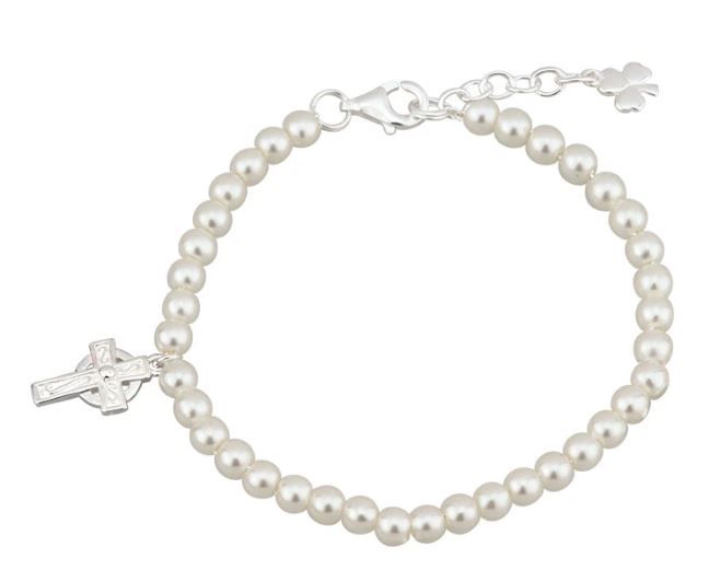 Kid&#39;s Rhodium Plated Pearl and Celtic Cross Bracelet