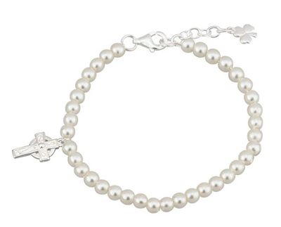 Kid&#39;s Rhodium Plated Pearl and Celtic Cross Bracelet
