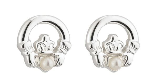Rhodium Plated Pearl Claddagh Earrings
