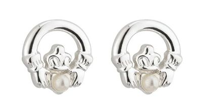 Rhodium Plated Pearl Claddagh Earrings