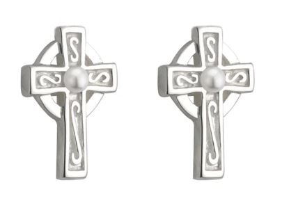 Children&#39;s Rhodium Plated Pearl Celtic Cross Stud Earrings