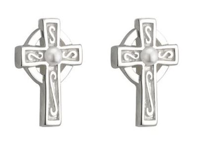 Children&#39;s Rhodium Plated Pearl Celtic Cross Stud Earrings
