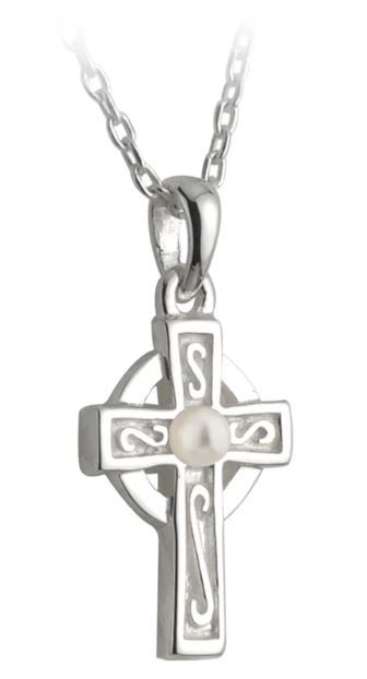 Children&#39;s Rhodium Plated Pearl Celtic Cross Pendant on a 16&quot; Rhodium Plated Chain