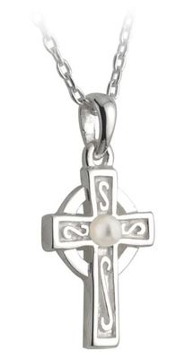 Children&#39;s Rhodium Plated Pearl Celtic Cross Pendant on a 16&quot; Rhodium Plated Chain