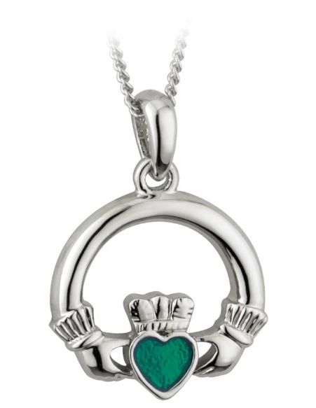 Rhodium Plated Enamel Claddagh Pendant on a 18&quot; Rhodium Plated Chain