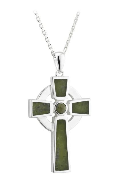 Sterling Silver Small Connemara Marble Celtic Cross Pendant on a 18&quot; Sterling Silver Chain