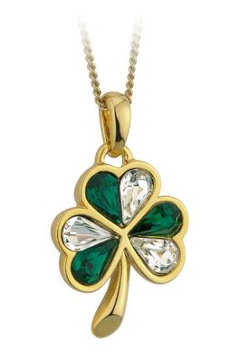 Gold Plated Green &amp; White Crystal Shamrock Pendant on a 18&quot; Gold Plated Chain