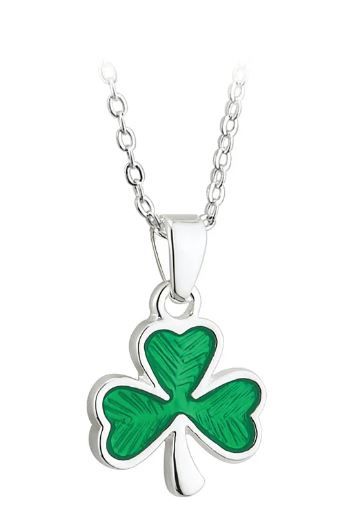 Rhodium Plated Enamel Shamrock Pendant on a 18&quot; Rhodium Plated Chain