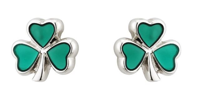 Rhodium Enamel Shamrock Stud Earrings