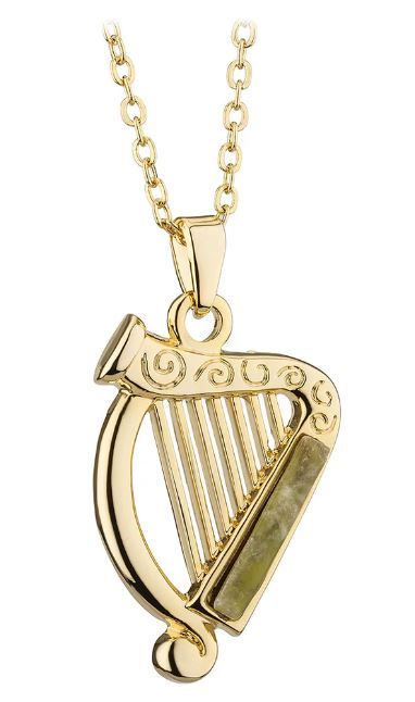 Gold Plated Connemara Marble Harp Pendant on a 18&quot; Gold Plated Chain