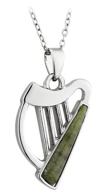 Rhodium Plated Connemara Marble Harp Pendant on a 18&quot; Rhodium Plated Chain