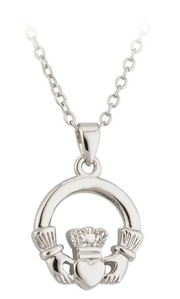 Rhodium Plated Claddagh Pendant on a 18&quot; Rhodium Plated Chain
