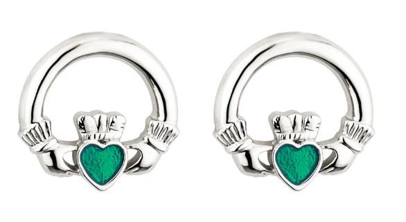 Rhodium Enamel Claddagh Stud Earrings