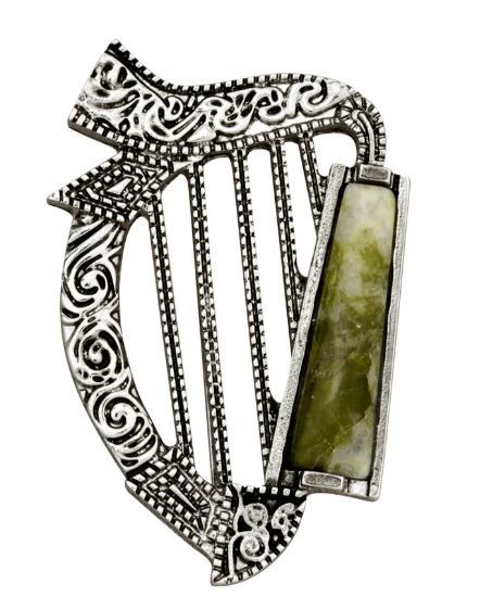 Rhodium Plated Connemara Marble Harp Brooch
