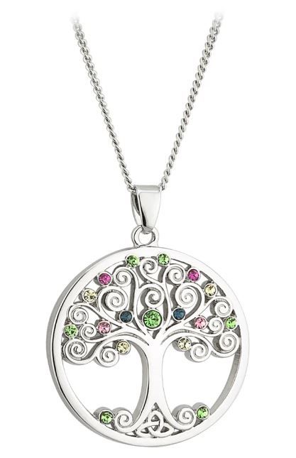 Rhodium Plated Crystal Tree Of Life Pendant on a 18&quot; Rhodium Plated Chain