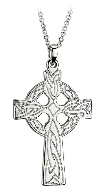 Large Sterling Silver Engraved Celtic Cross Pendant on a 18&quot; Sterling Silver Chain