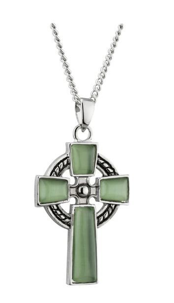 Rhodium Green Cat Eye Celtic Cross Pendant on a 18&quot; Rhodium Plated Chain