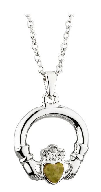 Rhodium Plated Connemara Marble Claddagh Pendant on a 18&quot; Rhodium Plated Chain