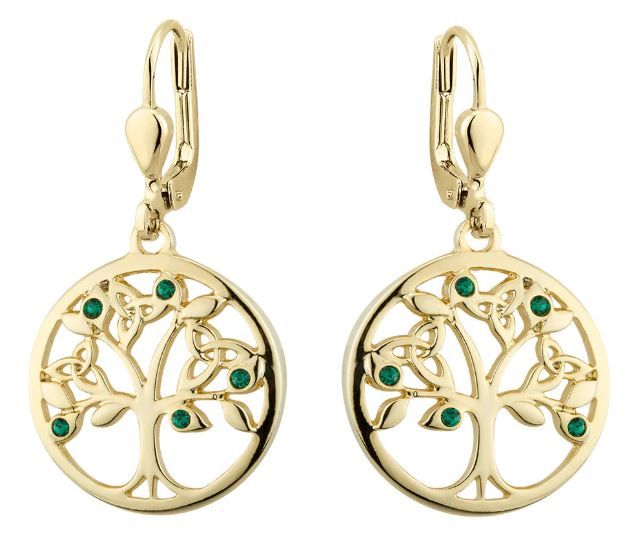 Gold Plated Crystal Tree Of Life Drop Earrings