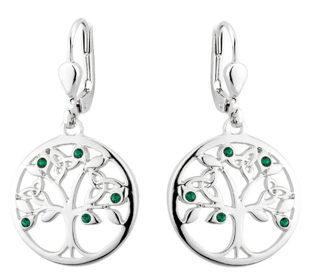 Rhodium Plated Crystal Tree Of Life Drop Earrings
