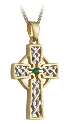 Two Tone Green Crystal Celtic Cross Pendant on a 18&quot; Gold Plated Chain