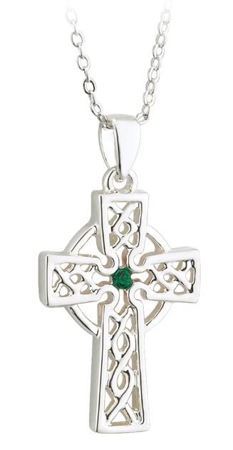 Rhodium Plated Green Crystal Celtic Cross Pendant on a 18&quot; Rhodium Plated Chain