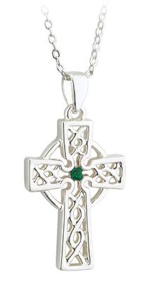 Rhodium Plated Green Crystal Celtic Cross Pendant on a 18&quot; Rhodium Plated Chain