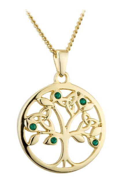 Gold Plated Green Crystal Tree Of Life Pendant on a 18&quot; Gold Plated Chain