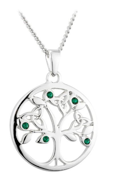 Rhodium Plated Green Crystal Tree Of Life Pendant on a 18&quot; Rhodium Plated Chain