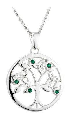 Rhodium Plated Green Crystal Tree Of Life Pendant on a 18&quot; Rhodium Plated Chain