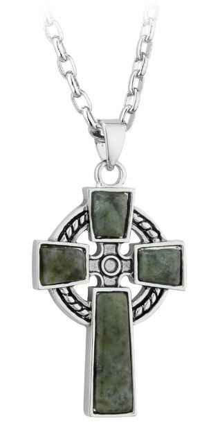 Rhodium Plated Connemara Marble Cross Pendant on a 20&quot; Rhodium Plated Chain