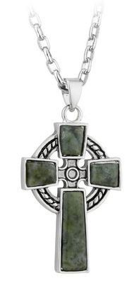 Rhodium Plated Connemara Marble Cross Pendant on a 20&quot; Rhodium Plated Chain