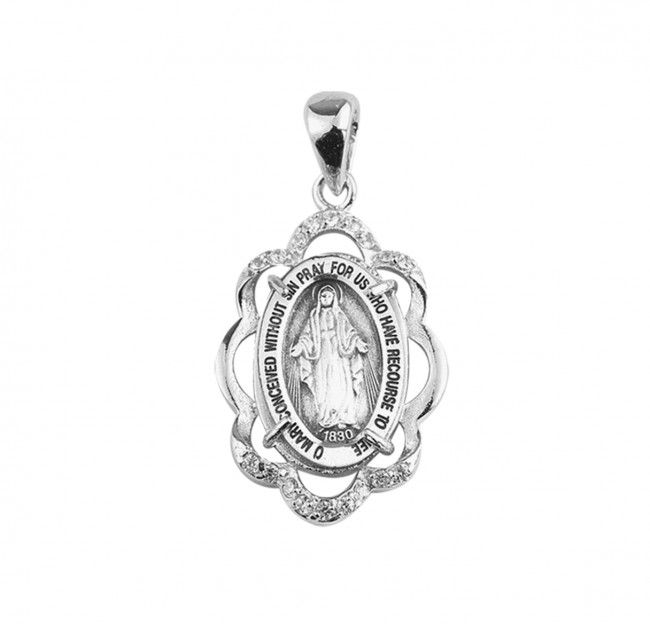 Crystal Cubic Zirconia and Sterling Silver Miraculous Medal on a 18&quot; Rhodium Plated Chain