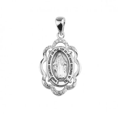 Crystal Cubic Zirconia and Sterling Silver Miraculous Medal on a 18&quot; Rhodium Plated Chain