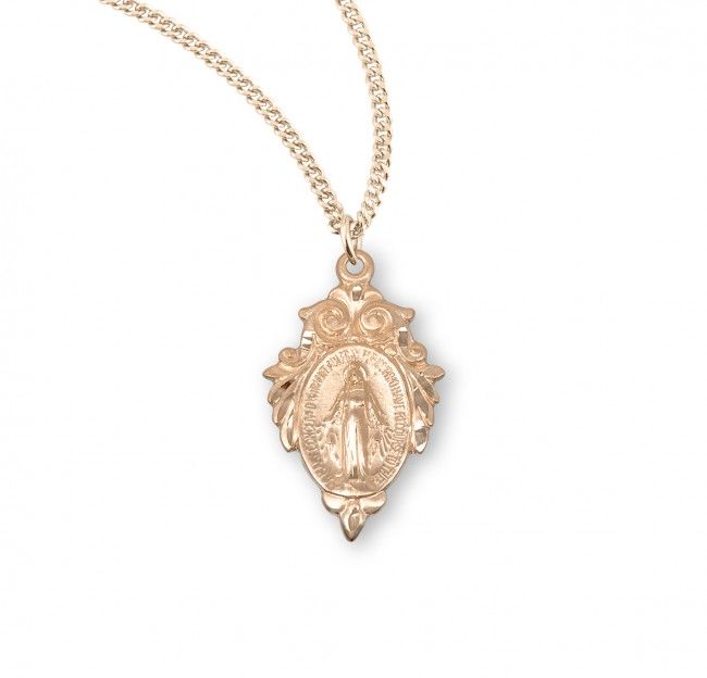 16kt Gold Over Sterling Silver Miraculous Medal with Leaf Top Border on a 18&quot; Gold Plated Chain