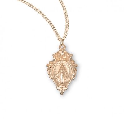 16kt Gold Over Sterling Silver Miraculous Medal with Leaf Top Border on a 18&quot; Gold Plated Chain
