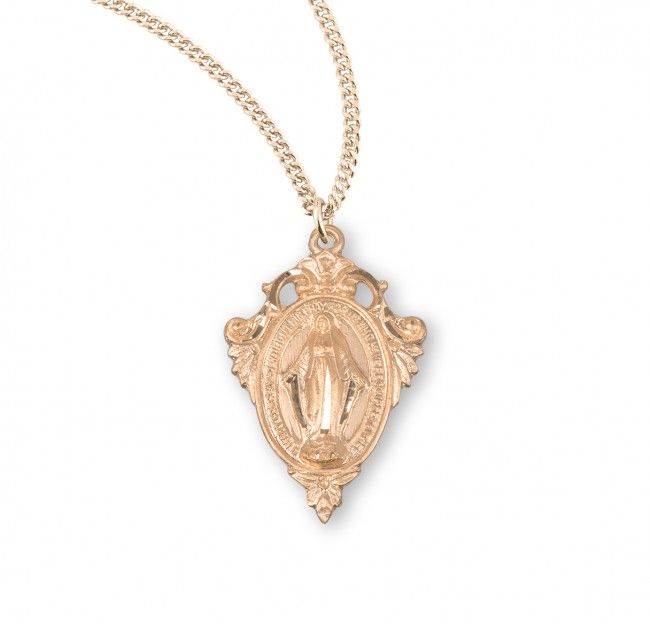 16kt Gold Over Sterling Silver Fancy Miraculous Medal With Pierced Scroll on a 18&quot; Gold Plated Chain