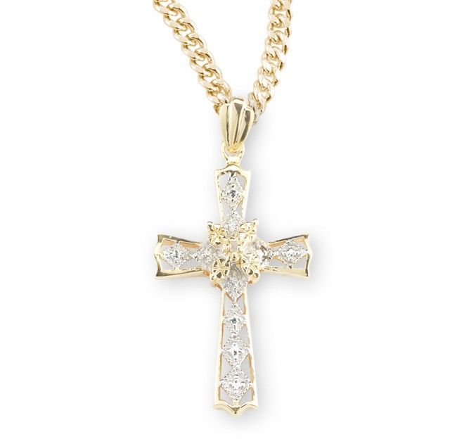 16kt Gold Over Sterling Elegant Cross With Cubic Zirconia Stones on a 18&quot; Gold Plated Chain