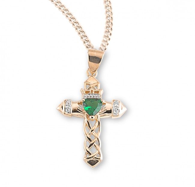 16kt Gold Over Sterling Cut-Out Cross With Green Glass Gem and Cubic Zirconia on 18&quot; Gold Plated Chain