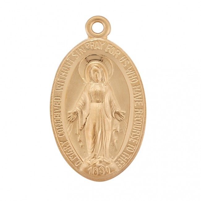 16kt Gold Over Sterling Medium Oval Miraculous Medal on a 24&quot; Gold Plated Chain