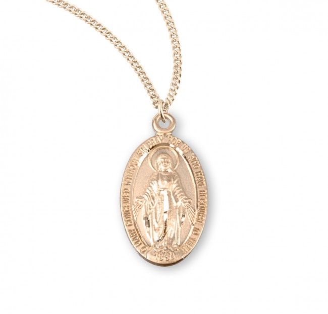 16kt Gold Over Sterling Small Oval Miraculous Medal on a 18&quot; Gold Plated Chain