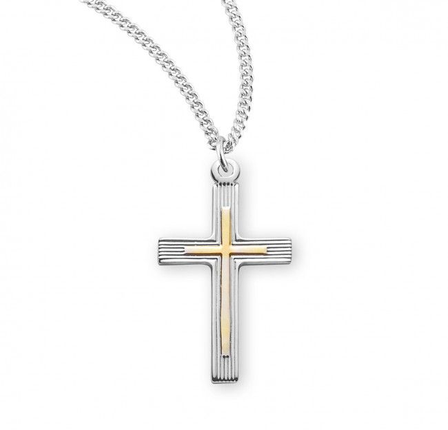 Sterling Silver Two Tone Cross with Raised Cross on a 18&quot; Rhodium Plate Chain